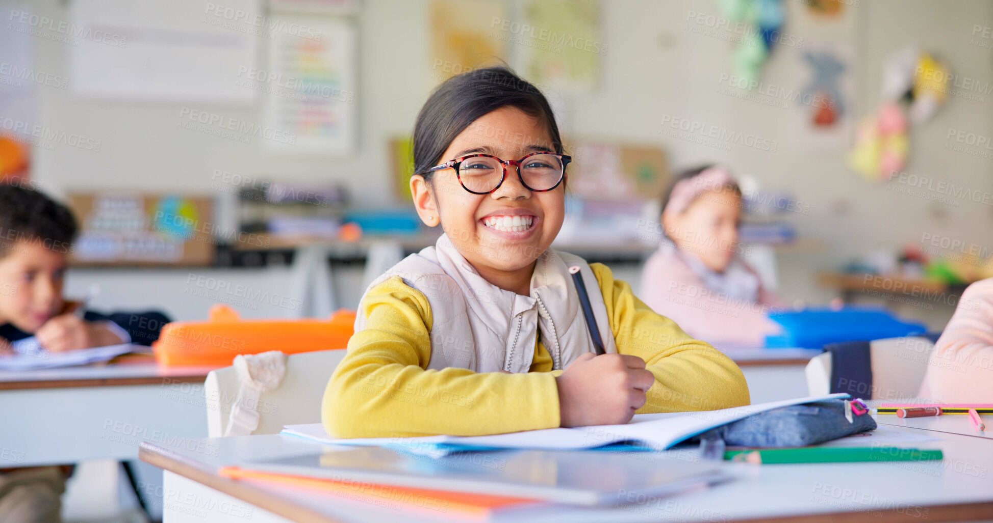 Buy stock photo Smile, learning and study with girl in classroom for education, knowledge and writing. Scholarship, happy and future with portrait of young student at school for academy, exam test and project