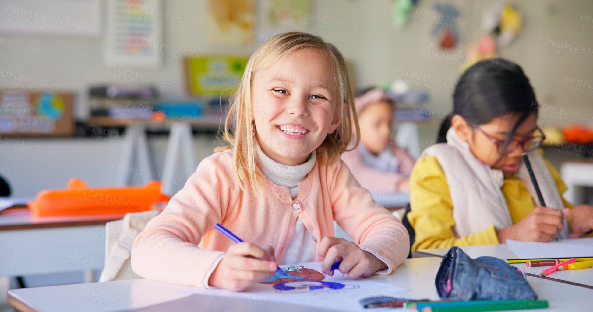 Buy stock photo Smile, writing and study with girl in classroom for learning, knowledge and education. Scholarship, happy and future with portrait of young student at school for academy, exam test and project