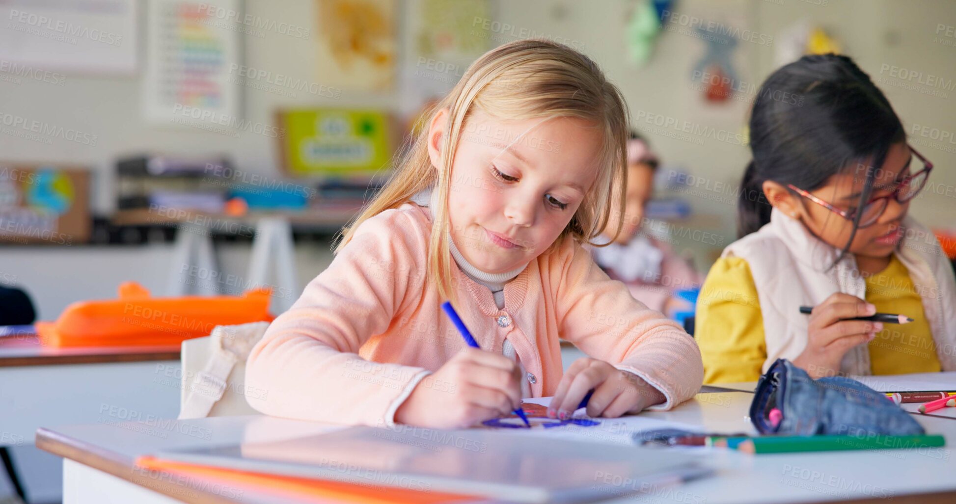 Buy stock photo Knowledge, girl and students in a classroom, writing and productivity with creativity, development and notebook. Drawing, children and kids with inspiration, thinking and test with ideas and learning