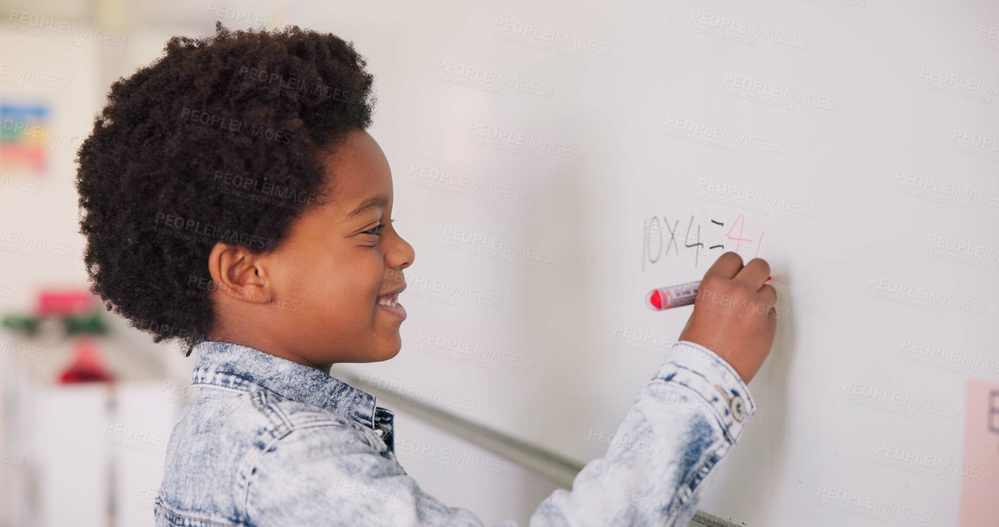 Buy stock photo Math class, happy child at board for education, learning and problem solving for skill development. Boy writing on whiteboard in classroom with solution, thinking and smile at school for knowledge.