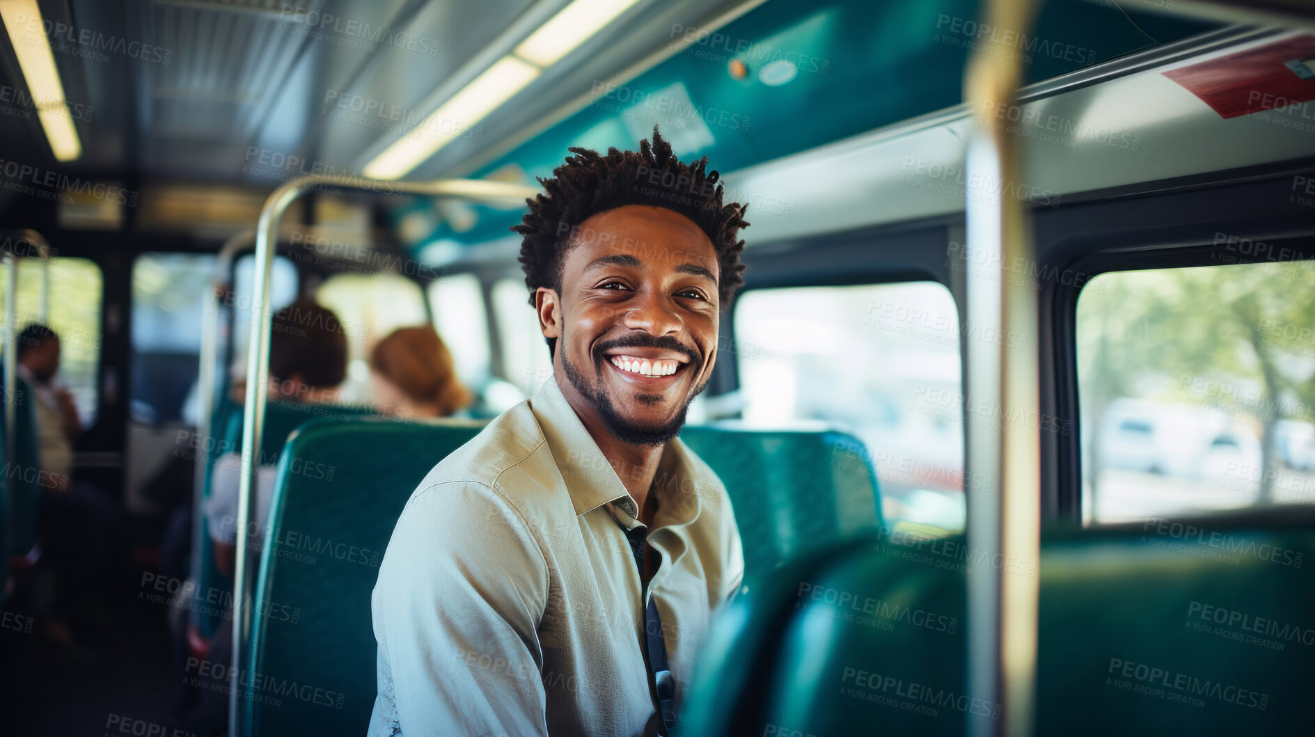 Buy stock photo Modern black business professional in city bus. Business concept.