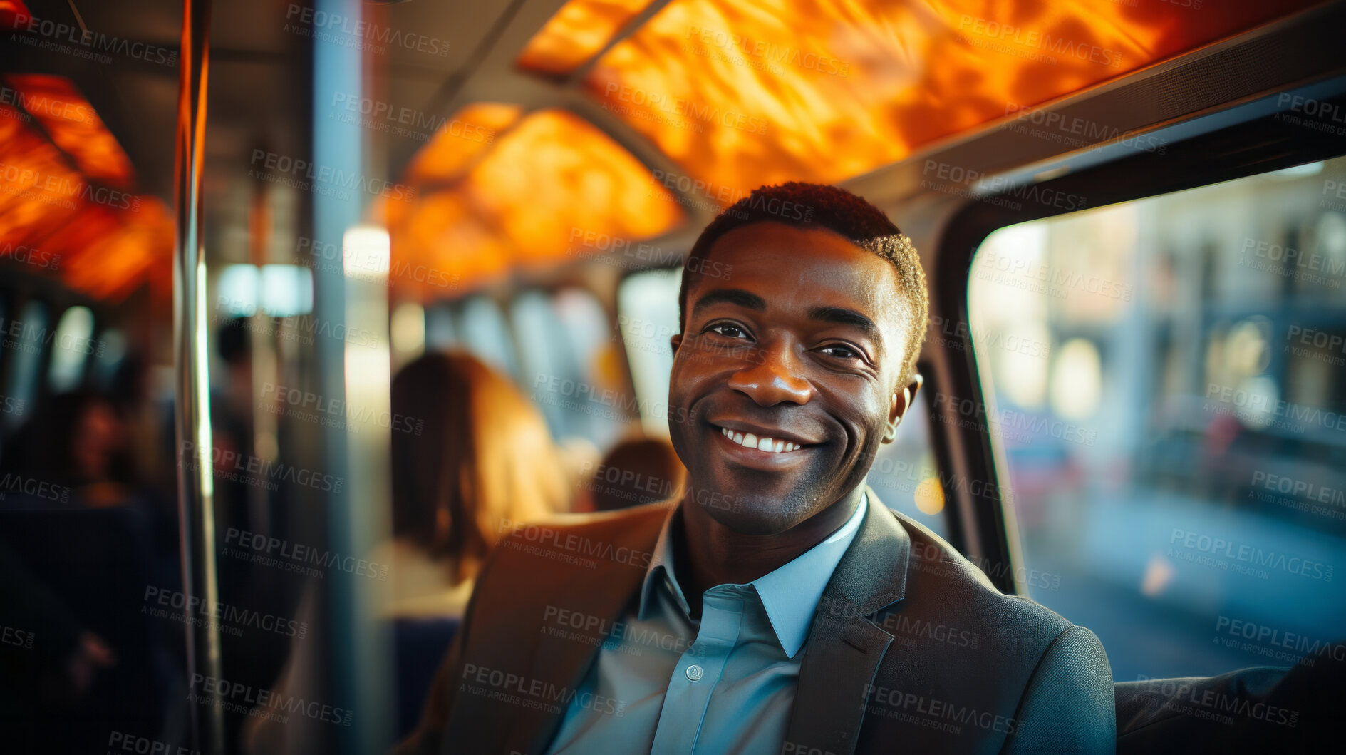 Buy stock photo Modern black business professional in city bus. Business concept.