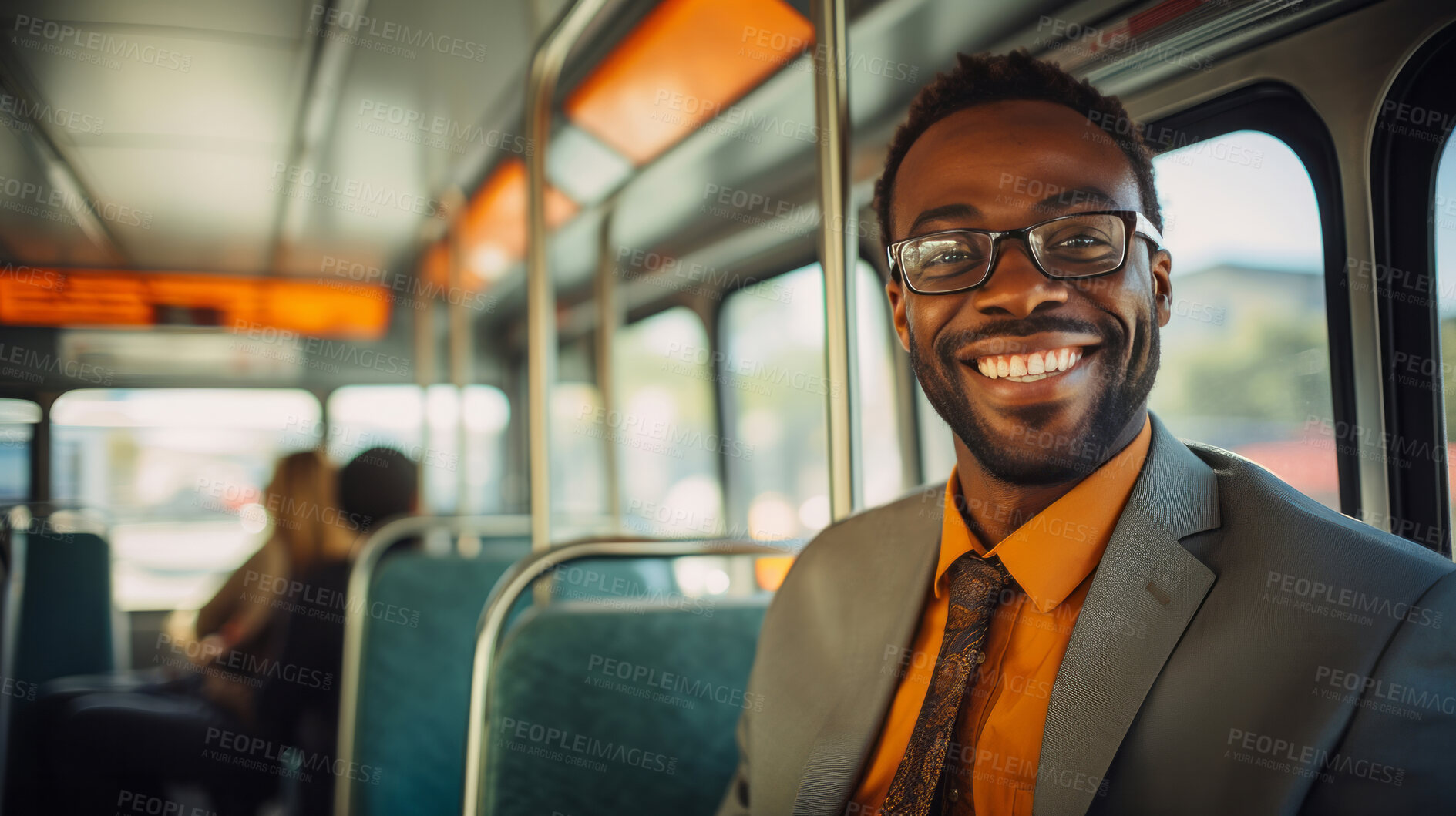 Buy stock photo Modern black business professional in city bus. Business concept.