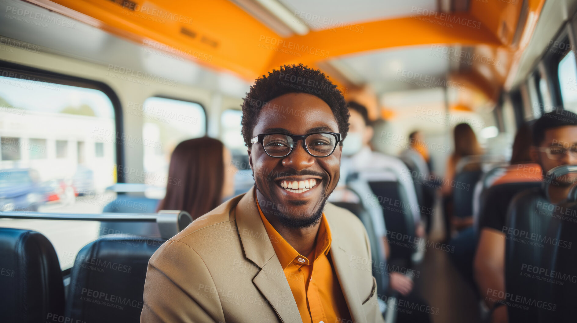 Buy stock photo Modern black business professional in city bus. Business concept.