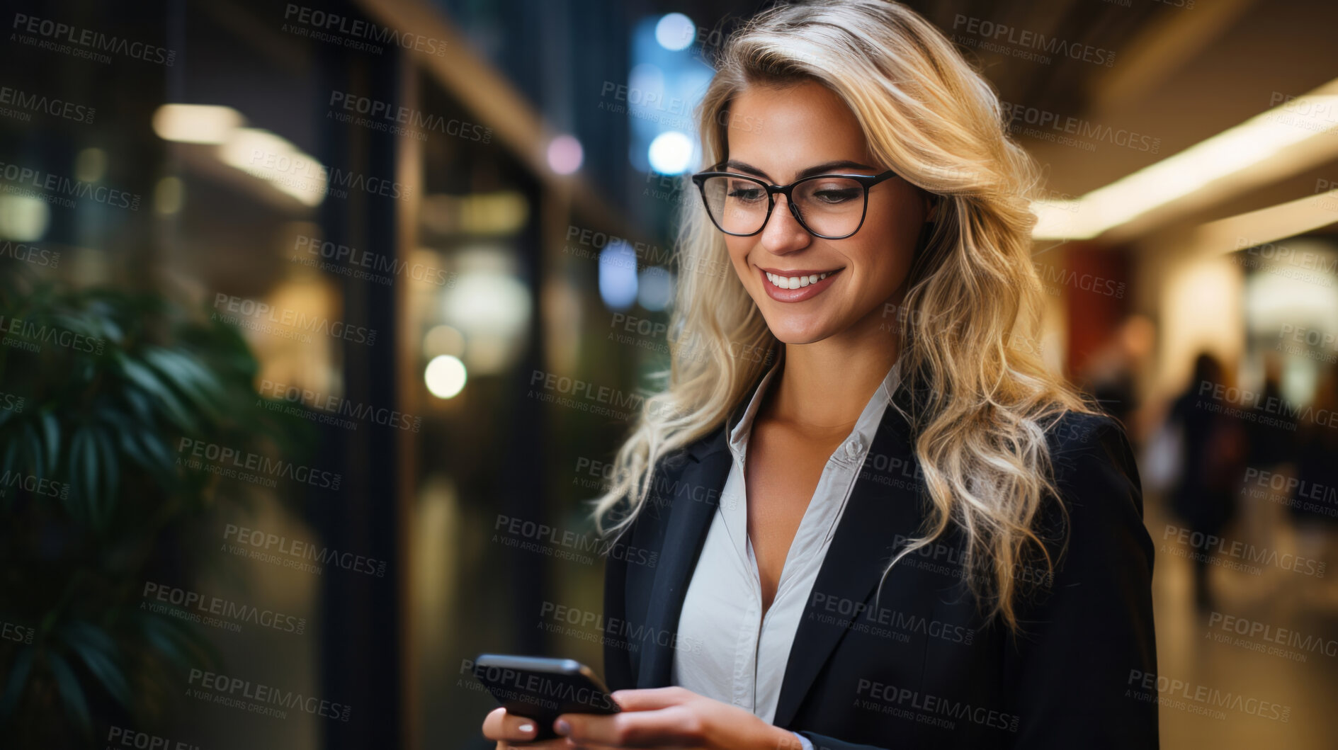 Buy stock photo Portrait of happy business woman in busy office. Holding phone. Business concept.