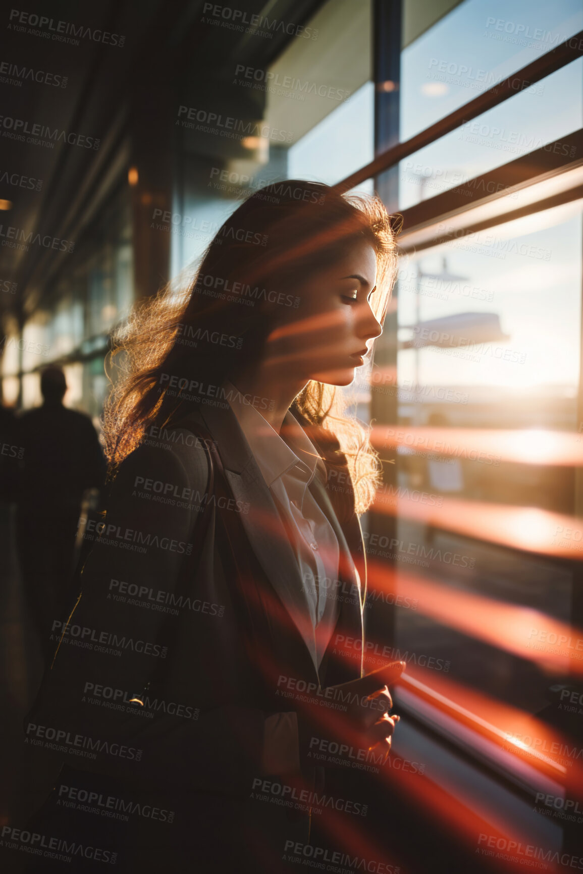 Buy stock photo Portrait of business woman in airport. Beautiful light streak effect. Editorial concept.