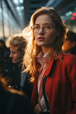 Vertical portrait of business woman on train station. Editorial concept.