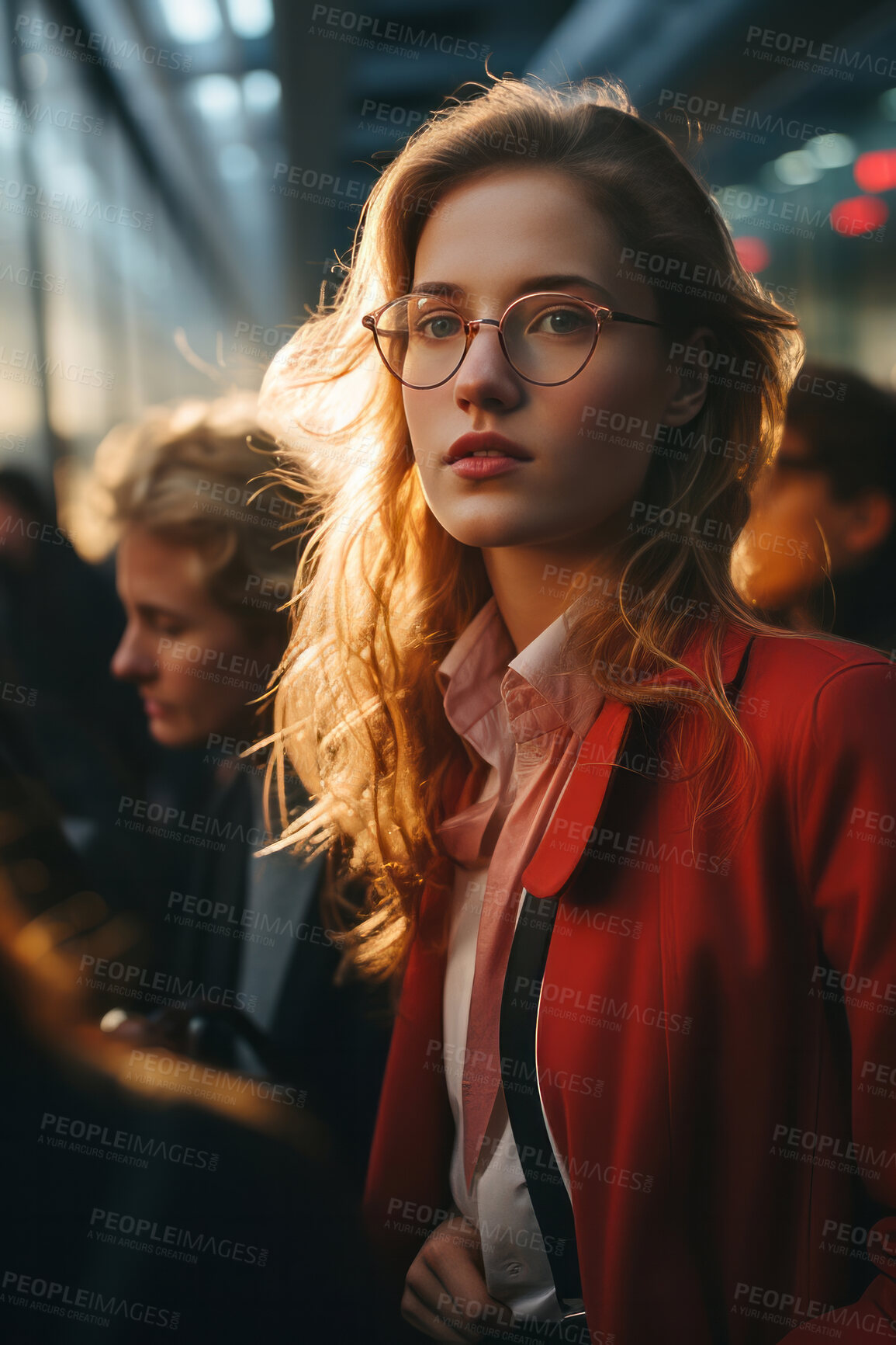 Buy stock photo Vertical portrait of business woman on train station. Editorial concept.