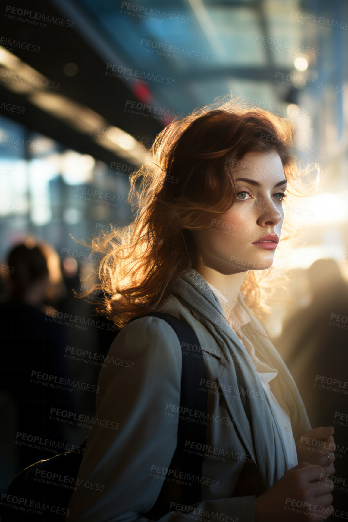 Buy stock photo Vertical portrait of business woman on train station. Editorial concept.