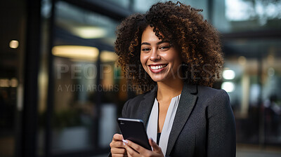 Portrait of happy business woman in city street. Holding phone. Business concept.