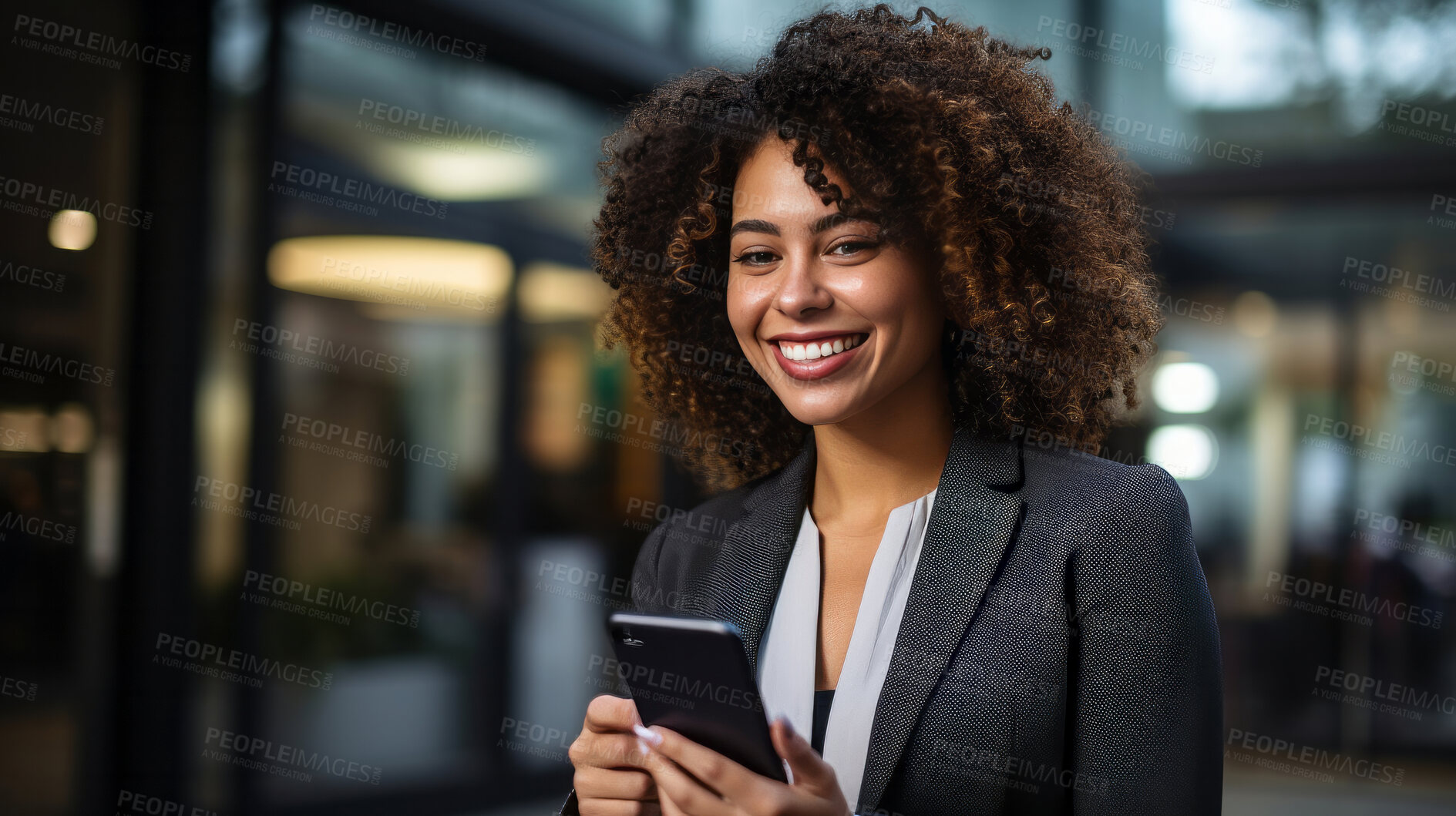 Buy stock photo Portrait of happy business woman in city street. Holding phone. Business concept.