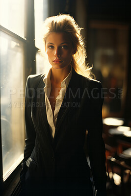 Portrait of business woman in office. Sunlight through window Editorial concept.