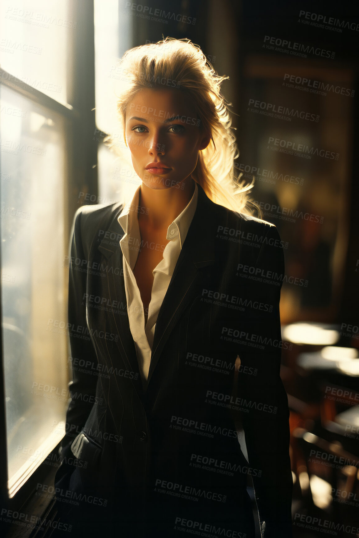Buy stock photo Portrait of business woman in office. Sunlight through window Editorial concept.