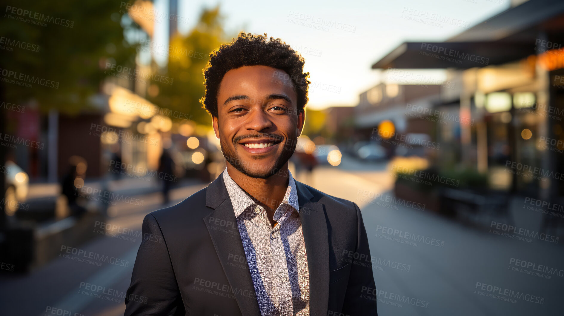 Buy stock photo Young african business man in city street. Sunrise effect. Business concept.
