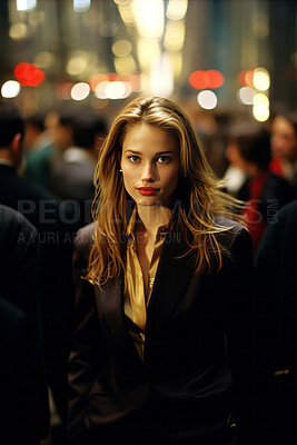 Vertical portrait of business woman in busy street. Editorial concept.