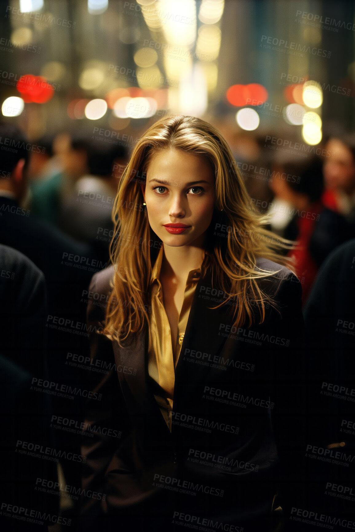 Buy stock photo Vertical portrait of business woman in busy street. Editorial concept.