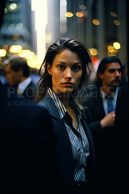 Buy stock photo Contrasted portrait of business woman in busy street. Editorial concept.