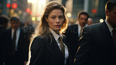 Buy stock photo Portrait of business woman in busy street in sunset. Editorial concept.