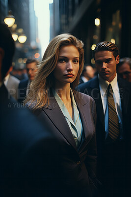 Buy stock photo Portrait of business woman in busy street. Editorial concept.