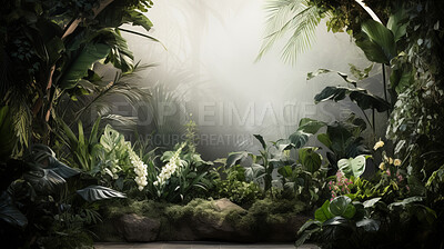 Green plants indoor garden. Fantasy forest area with copyspace