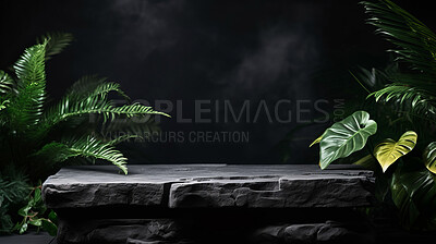 Black marble stone surface in green forest with copyspace. Marketing advertising platform