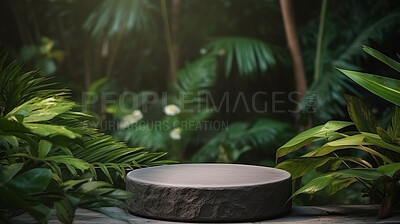 Round stone surface in green forest with copyspace. Marketing advertising platform