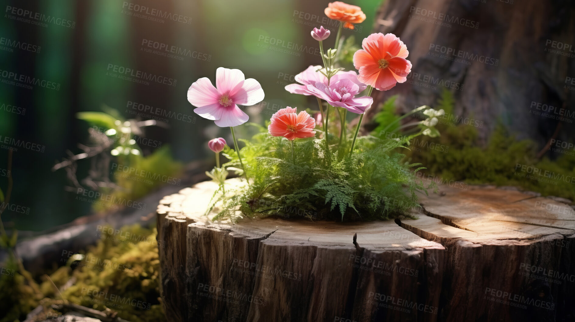Buy stock photo Tree stump with flowers in green forest with copyspace. New life concept