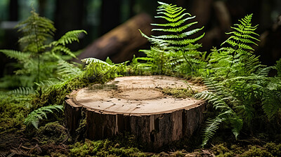 Tree stump in green forest with copyspace. Marketing advertising platform