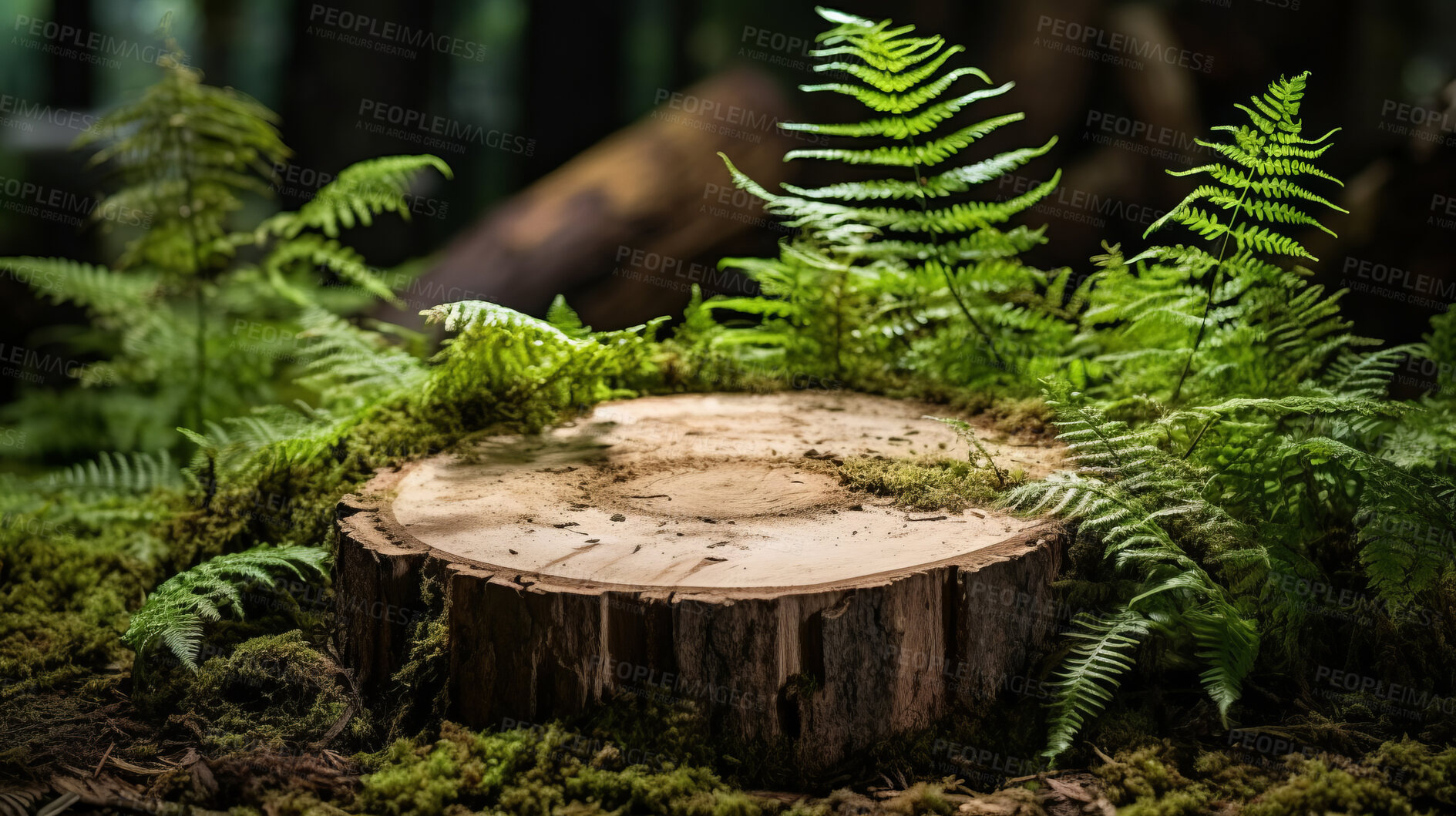 Buy stock photo Tree stump in green forest with copyspace. Marketing advertising platform