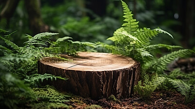 Tree stump in green forest with copyspace. Marketing advertising platform