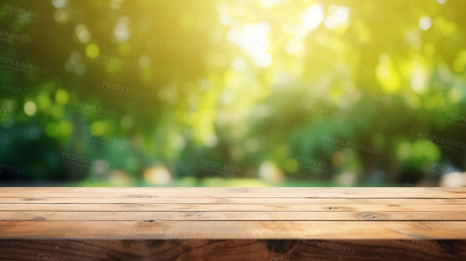 Buy stock photo Wood surface in green garden park with copyspace. Marketing advertising platform