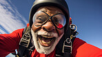 Selfie of a skydiving senior man. Extreme sport fun retirement adventure