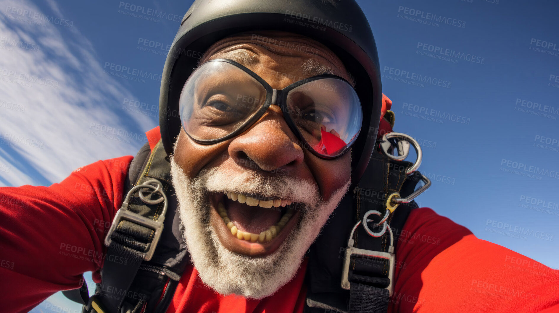 Buy stock photo Selfie of a skydiving senior man. Extreme sport fun retirement adventure