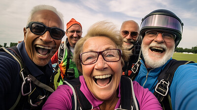 Buy stock photo Group of senior friends selfie after skydiving. Extreme sport fun retirement adventure