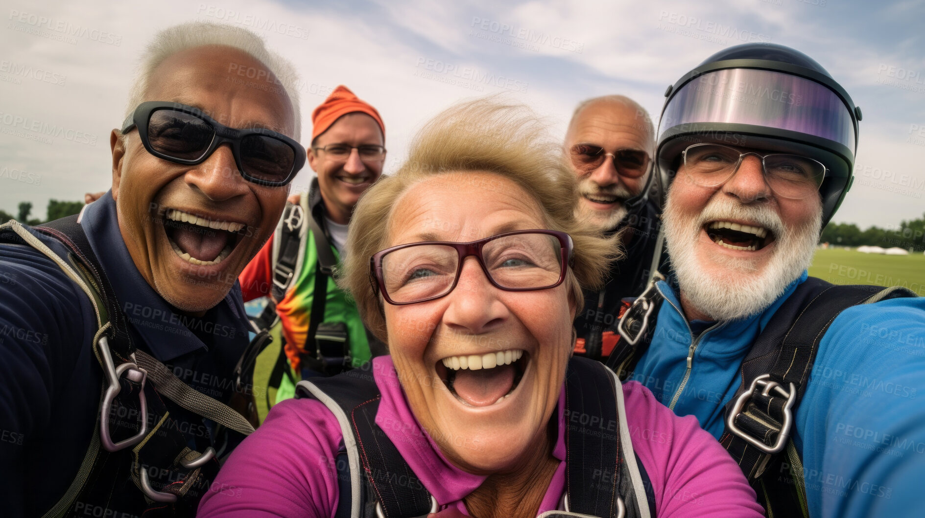 Buy stock photo Group of senior friends selfie after skydiving. Extreme sport fun retirement adventure