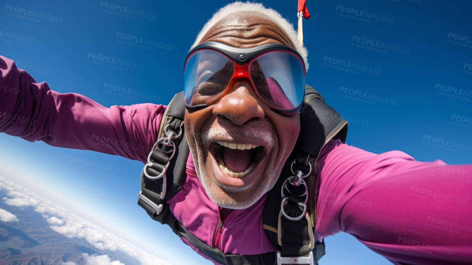 Buy stock photo Selfie of a skydiving senior man. Extreme sport fun retirement adventure