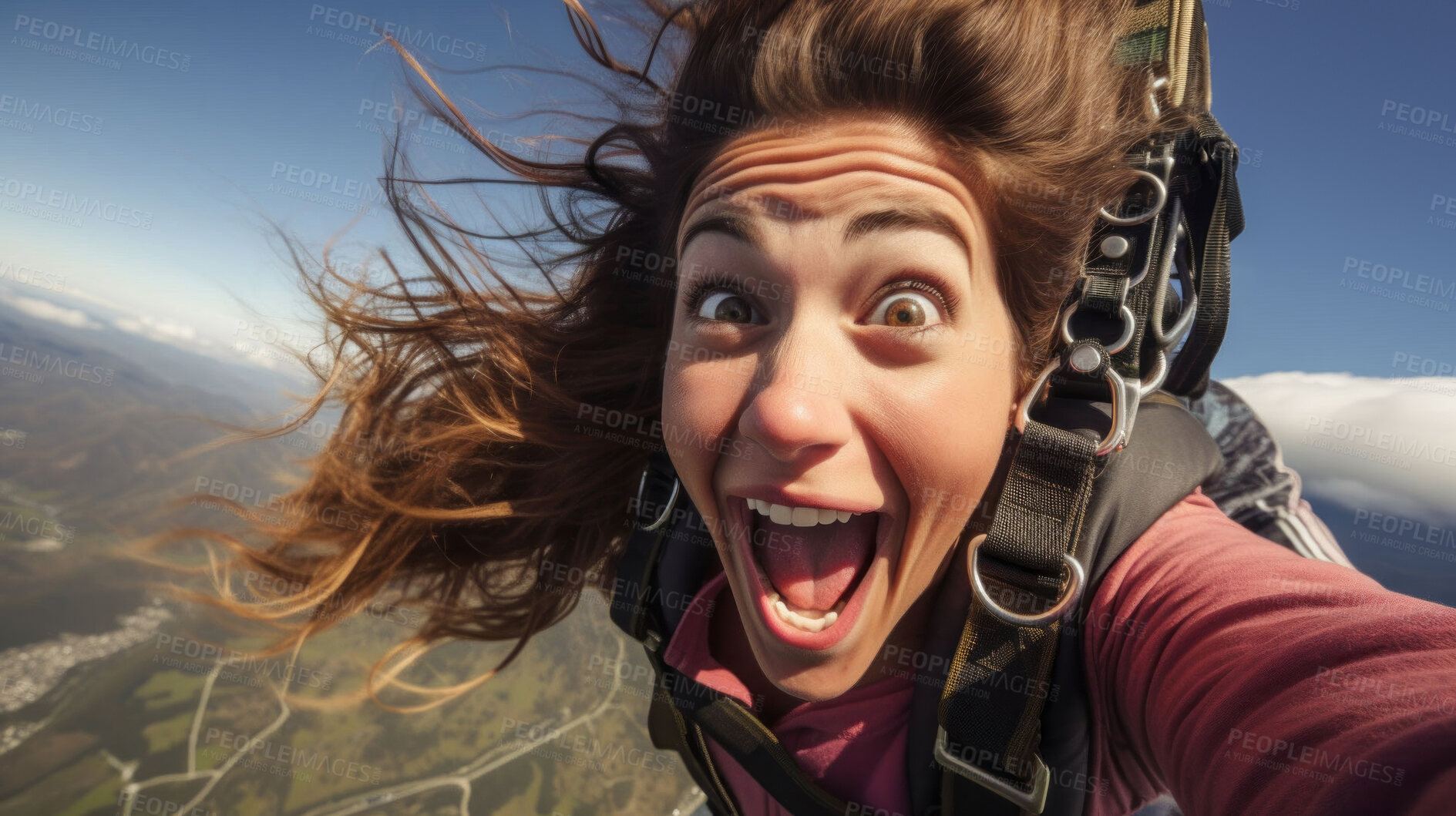 Buy stock photo Selfie of a skydiving woman. Active life extreme sport fun adventure