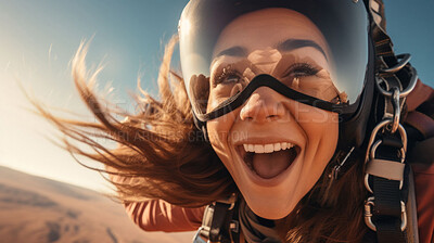 Buy stock photo Selfie of a skydiving woman. Active life extreme sport fun adventure