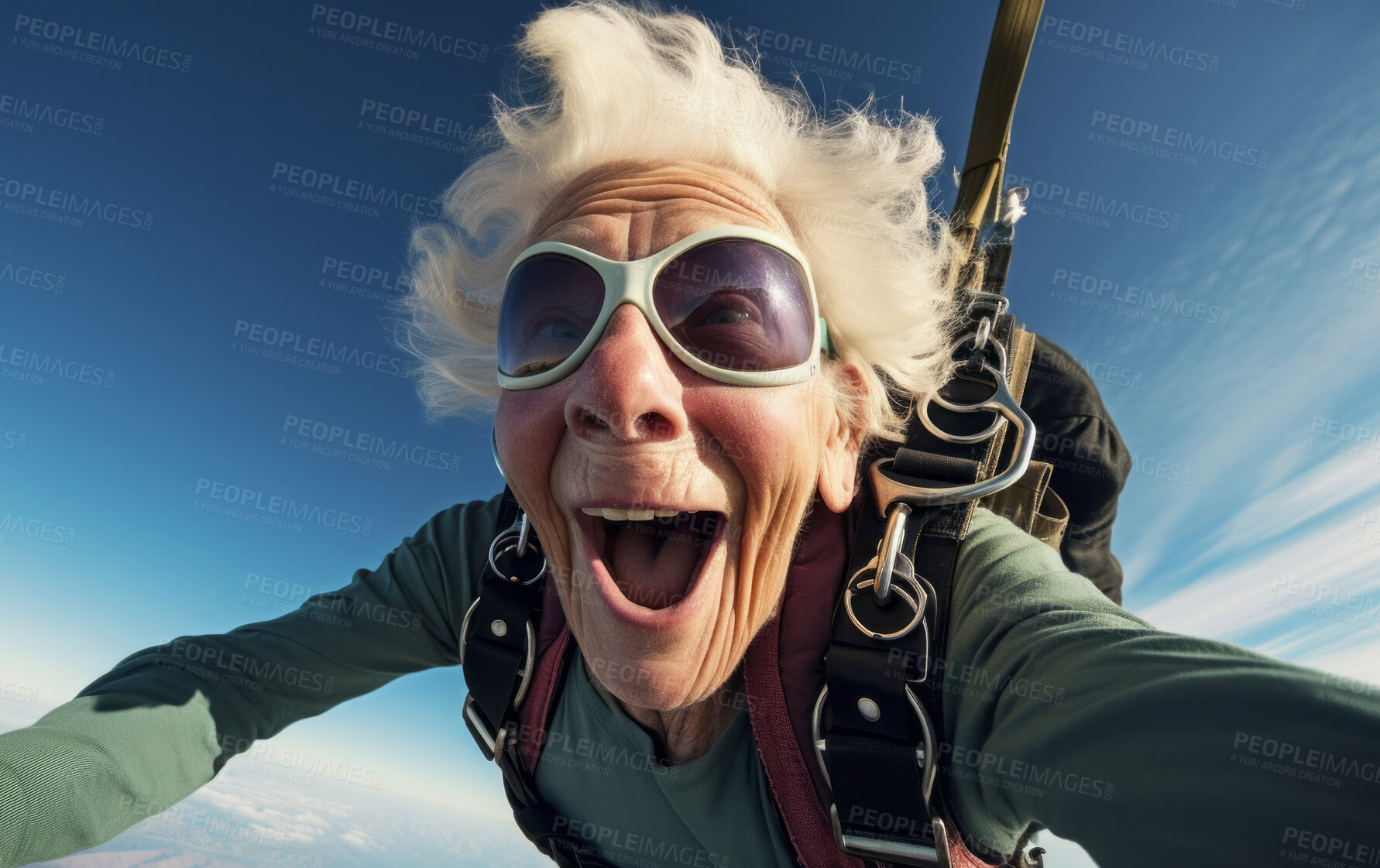 Buy stock photo Selfie of a skydiving senior woman. Extreme sport fun retirement adventure