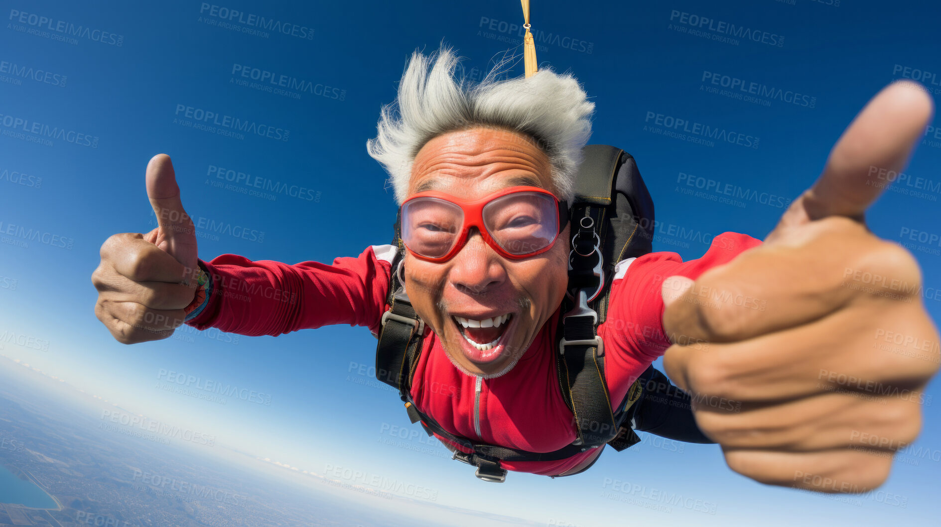 Buy stock photo Selfie of a skydiving senior man. Extreme sport fun retirement adventure