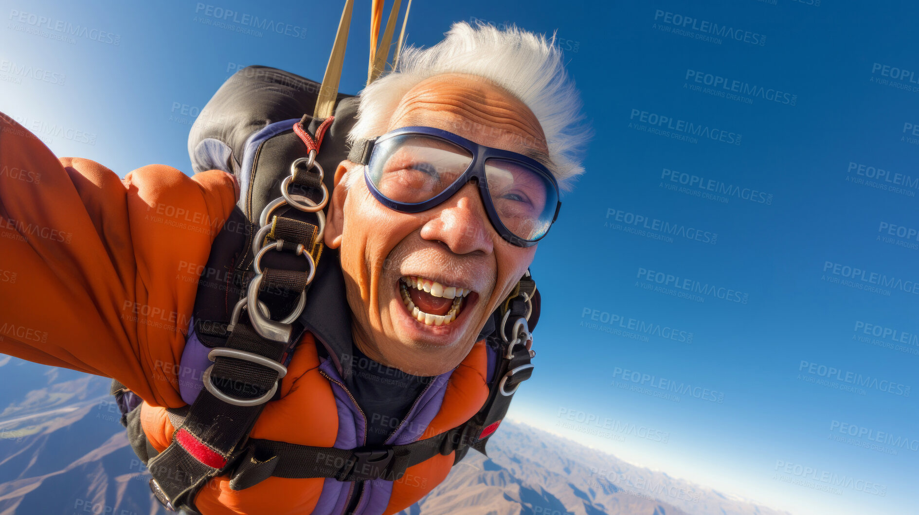 Buy stock photo Selfie of a skydiving senior man. Extreme sport fun retirement adventure