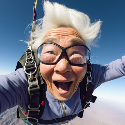 Buy stock photo Selfie of a skydiving senior woman. Extreme sport fun retirement adventure