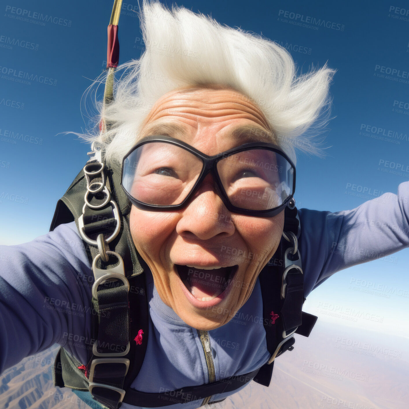 Buy stock photo Selfie of a skydiving senior woman. Extreme sport fun retirement adventure