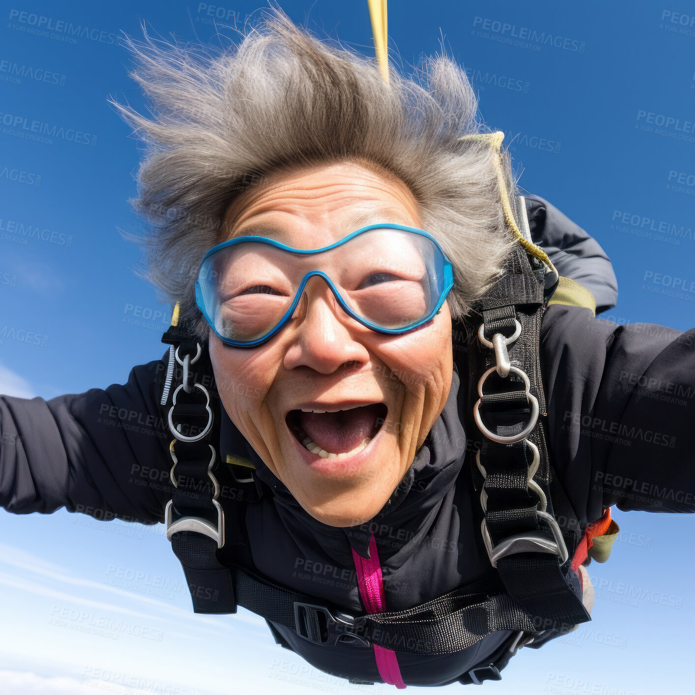 Buy stock photo Selfie of a skydiving senior woman. Extreme sport fun retirement adventure