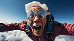 Selfie of a skydiving senior man. Extreme sport fun retirement adventure