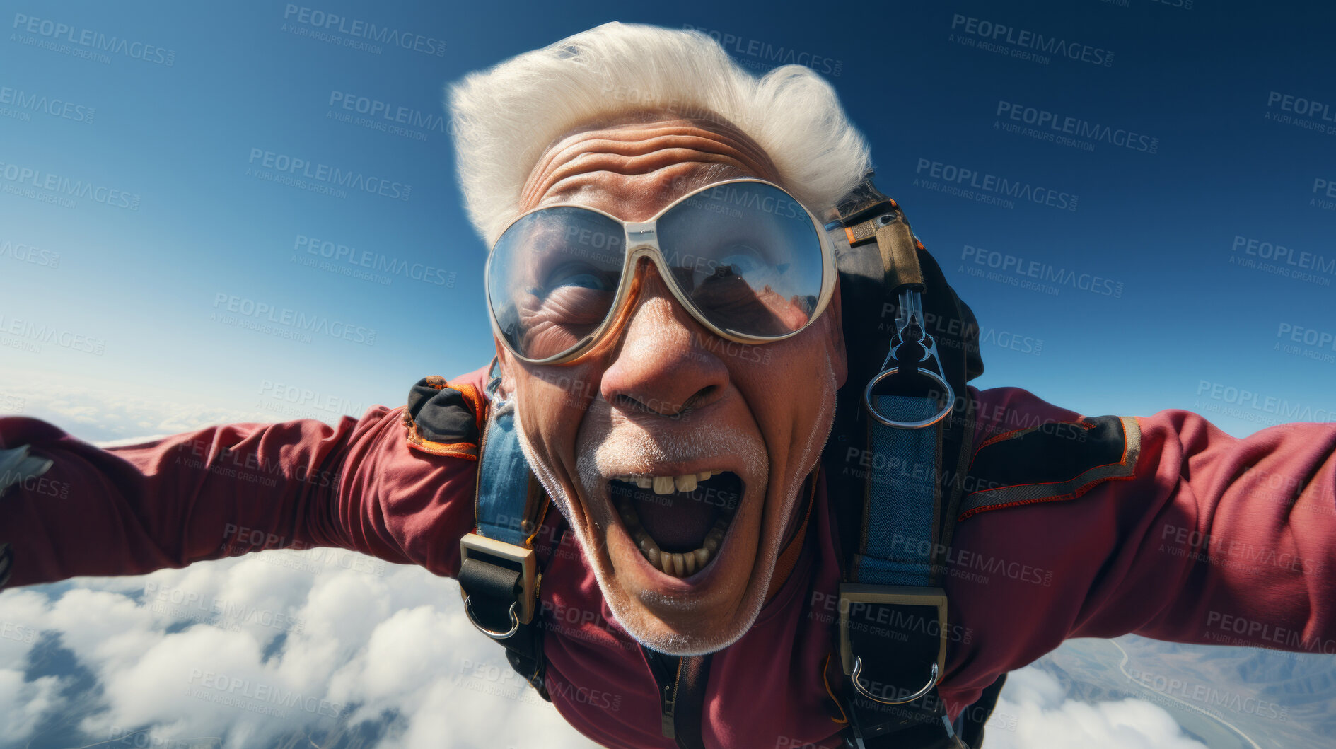 Buy stock photo Selfie of a skydiving senior man. Extreme sport fun retirement adventure