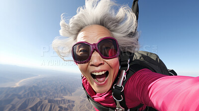 Buy stock photo Selfie of a skydiving senior woman. Extreme sport fun retirement adventure