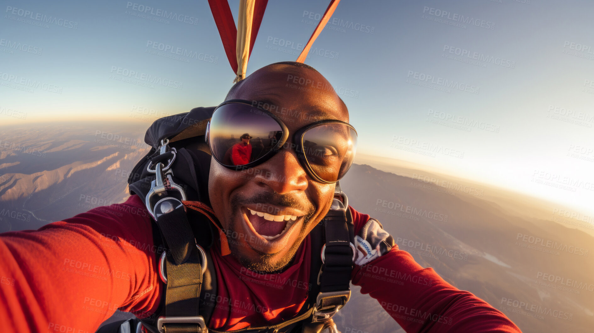 Buy stock photo Selfie of a skydiving man. Active life extreme sport fun adventure