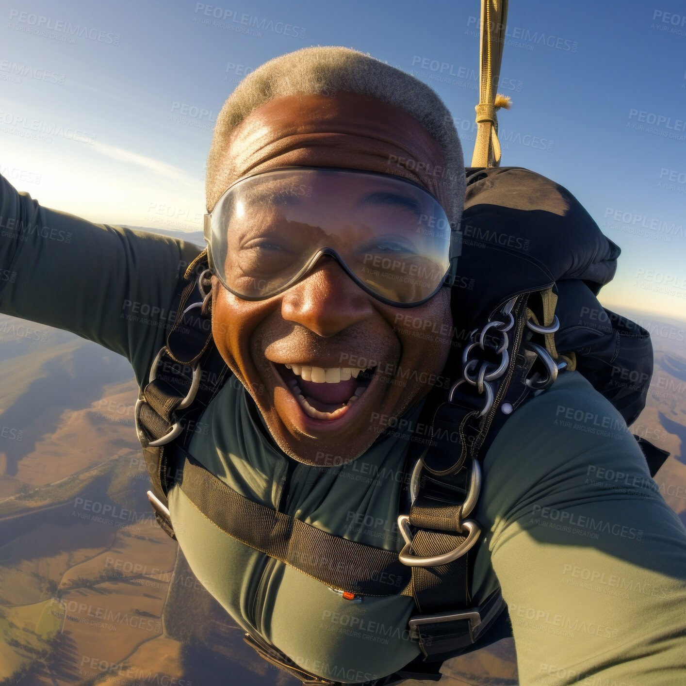 Buy stock photo Selfie of a skydiving senior man. Extreme sport fun retirement adventure