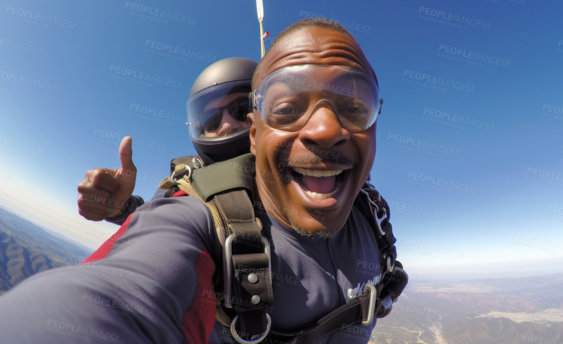 Buy stock photo Selfie of a tandem skydiving man. Extreme sport fun retirement adventure